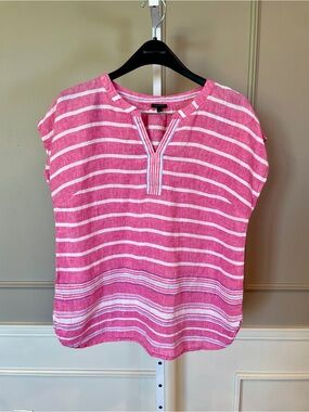 Talbots Linen Large Popover Top Boardwalk Stripe Pink Sleeveless Shirt